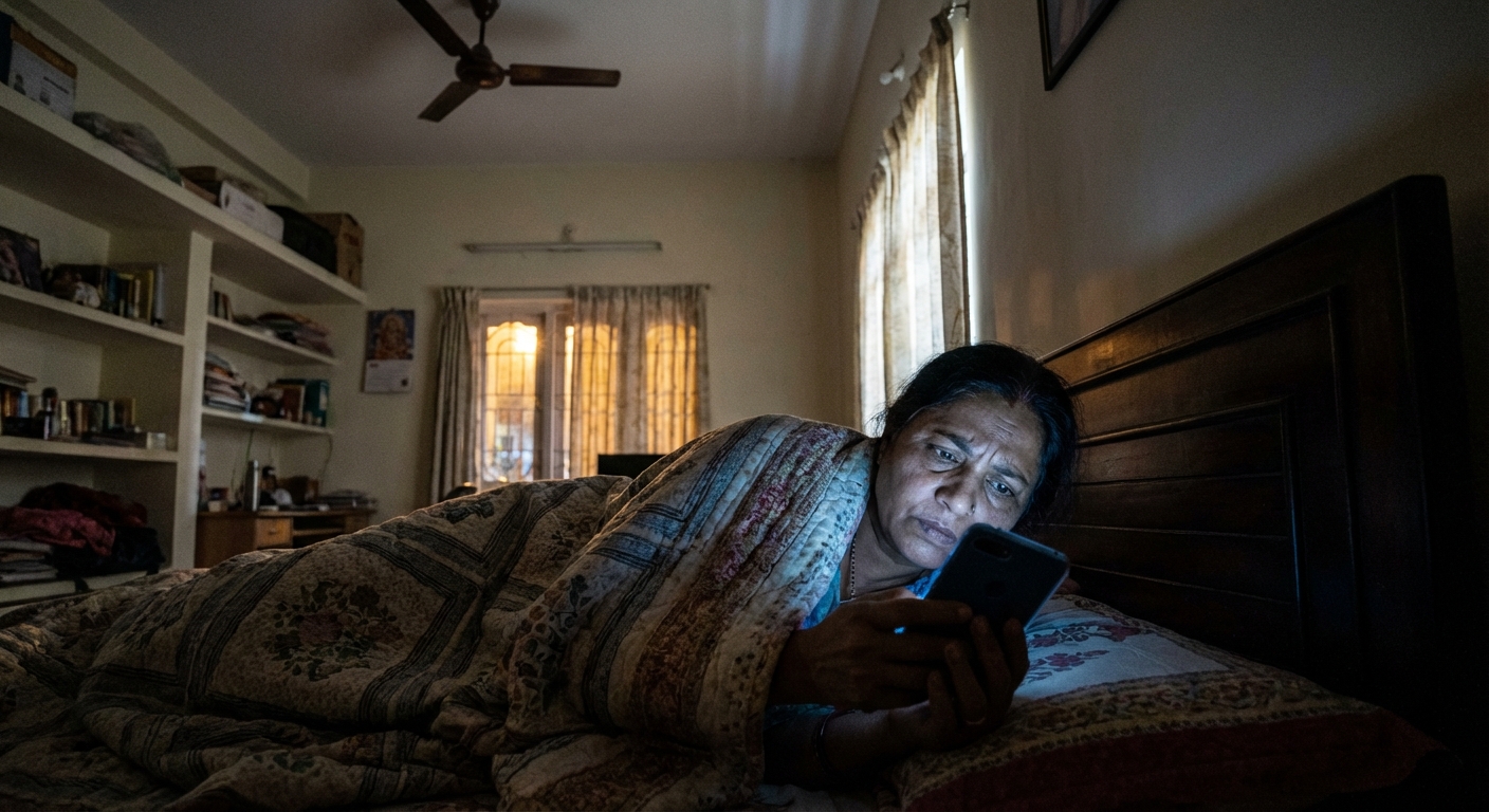 A person lying awake in bed at night, looking at their phone with worry lines on their face