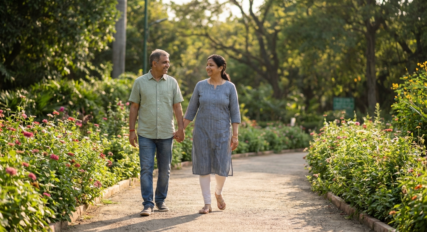 A happy couple walking together in a garden, holding hands and smiling at each other