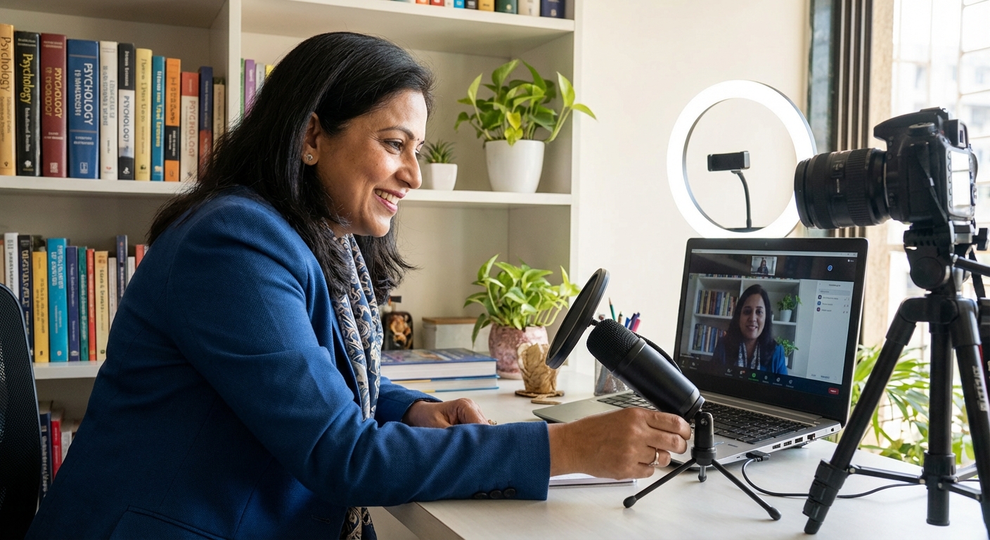 A professional setting up for a video interview with confidence