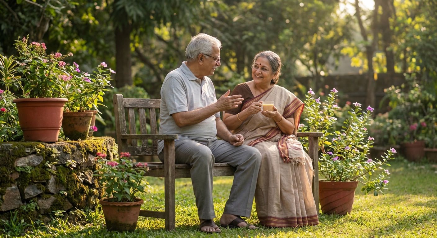 An elderly Indian couple having a meaningful conversation in their garden, representing relationship adjustments during retirement