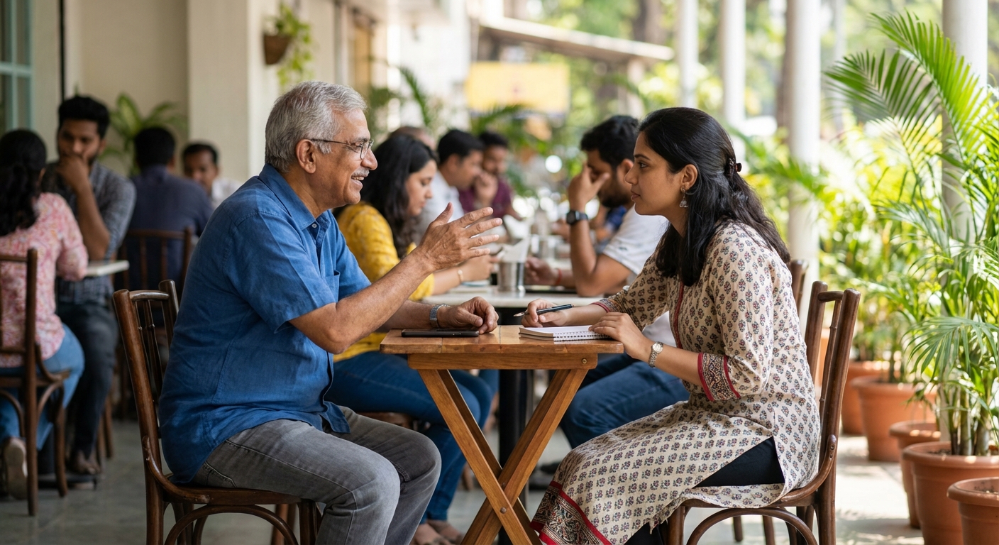An older Indian man mentoring a young professional, symbolizing passing on wisdom and finding purpose through giving back