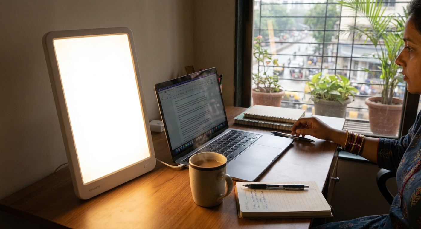 Light therapy lamp illuminating a workspace