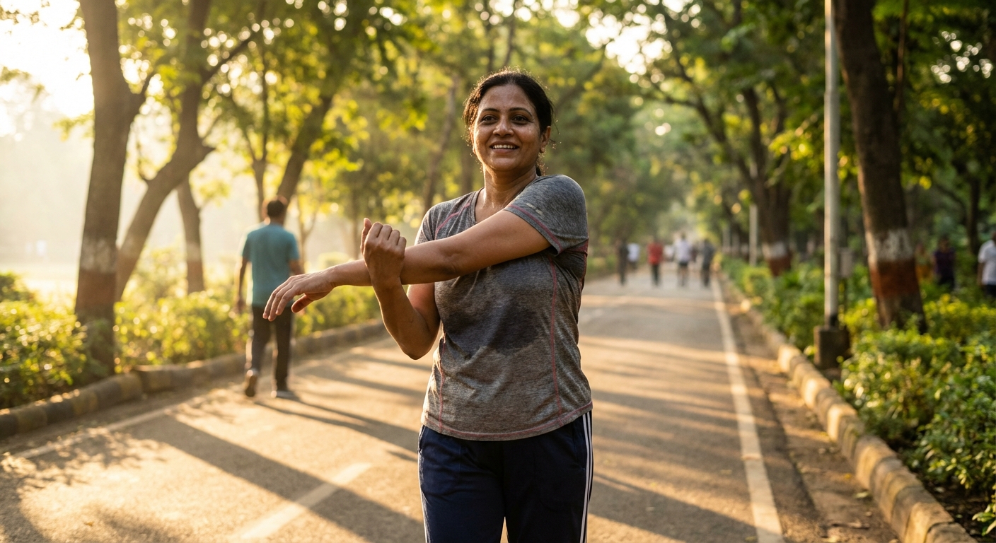 Person exercising outdoors in morning sunlight