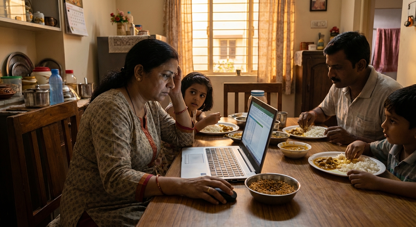 An Indian family scene showing a professional trying to balance work laptop with family dinner time