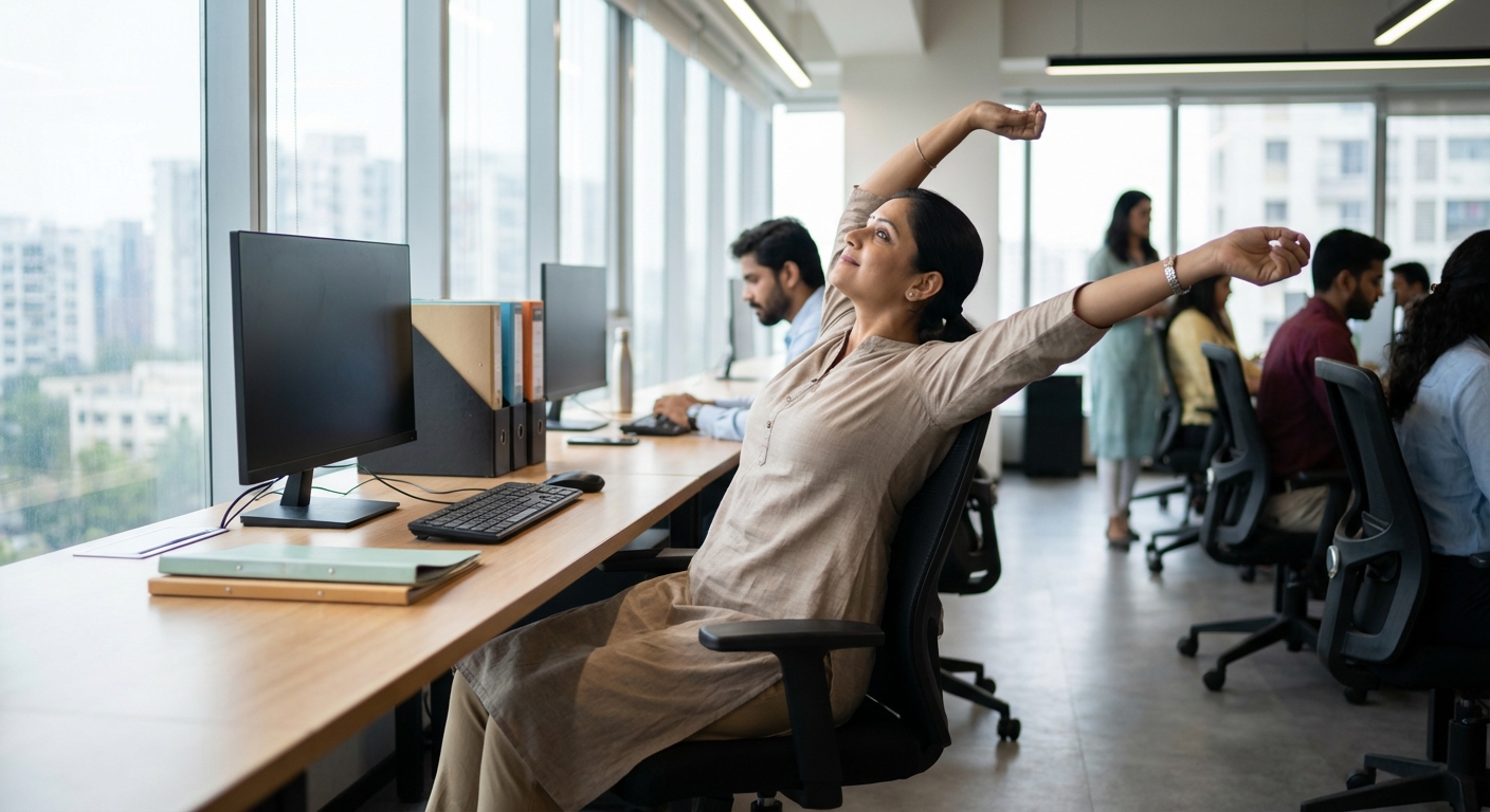 An Indian professional doing simple stretching exercises at their office desk
