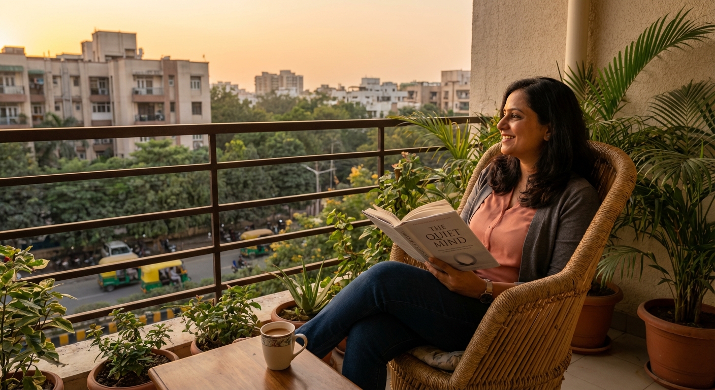 An Indian professional enjoying a peaceful moment reading a book on their balcony during evening time