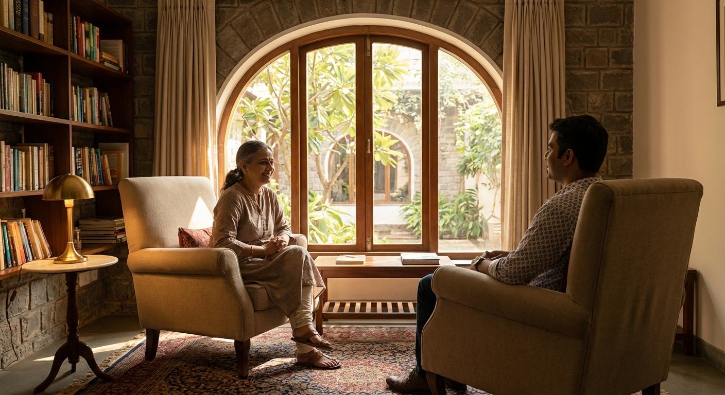 A calm therapy or consultation room with warm lighting and comfortable seating, suggesting professional support