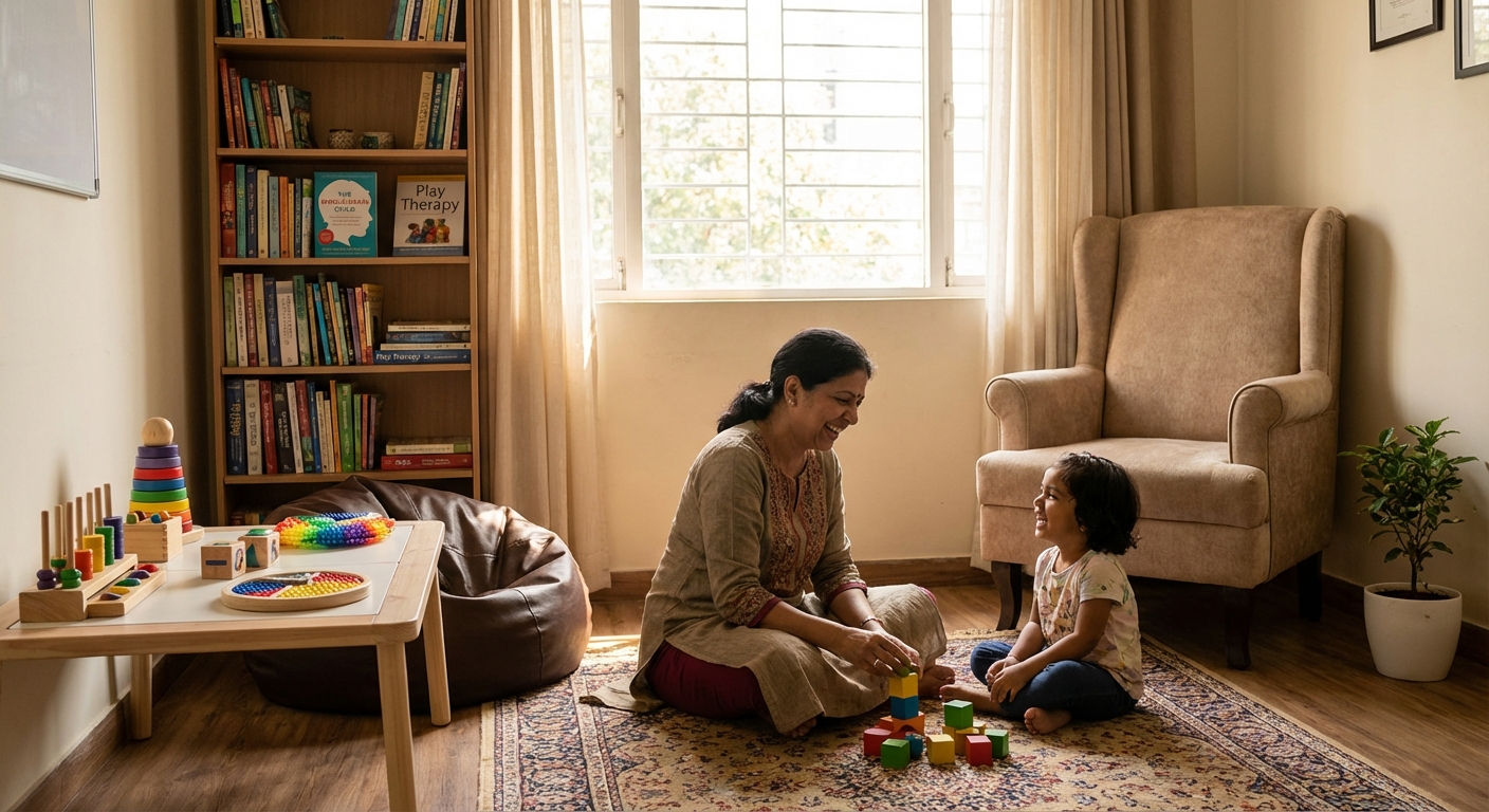 A child psychologist's office with toys, books, and comfortable seating, showing a warm therapeutic environment