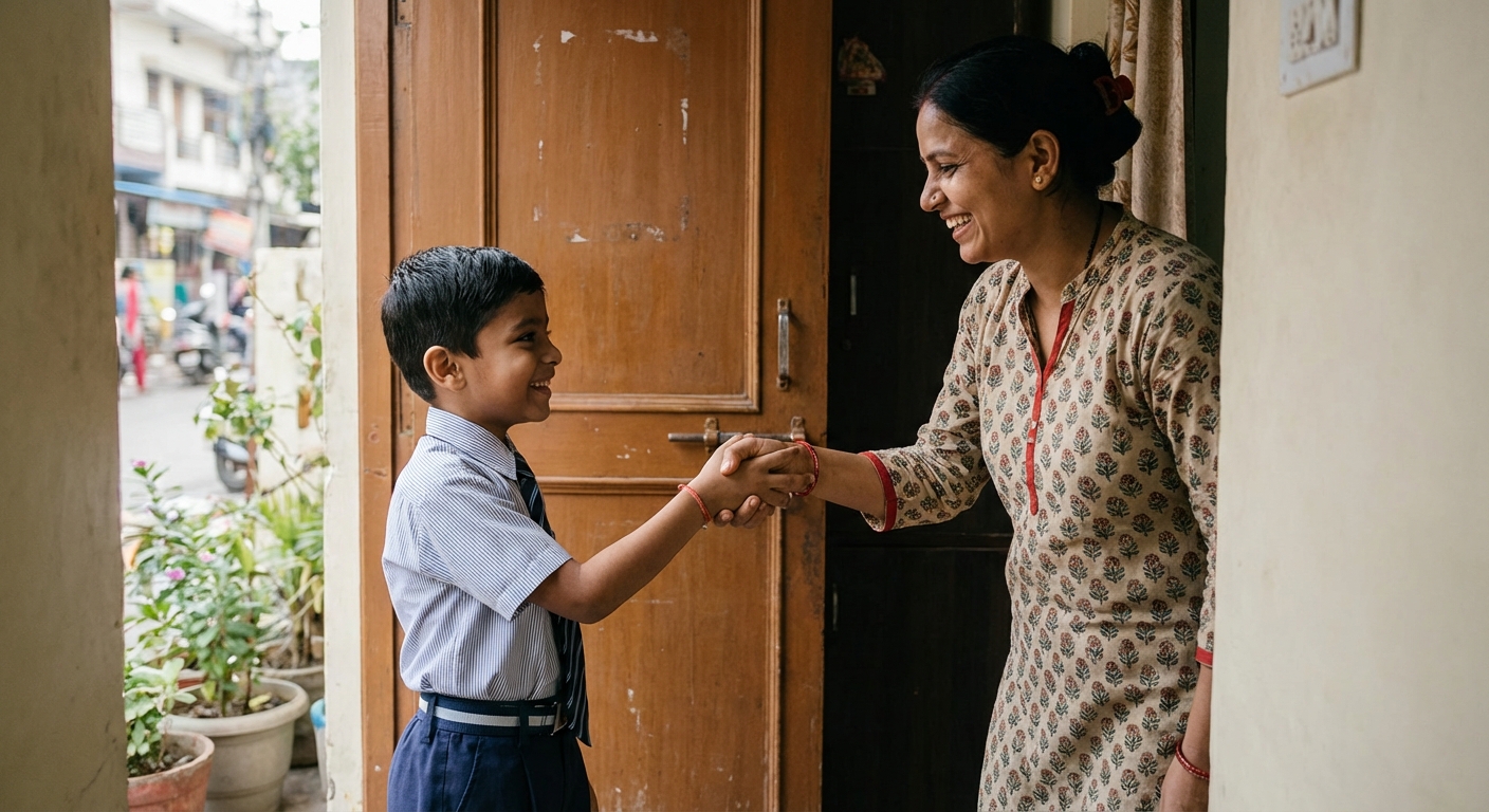 A mother and child doing a special handshake goodbye ritual at their home door, both smiling