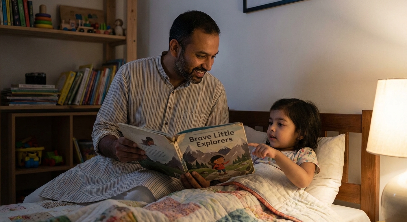 An Indian father reading a storybook about brave adventures to his young daughter at bedtime