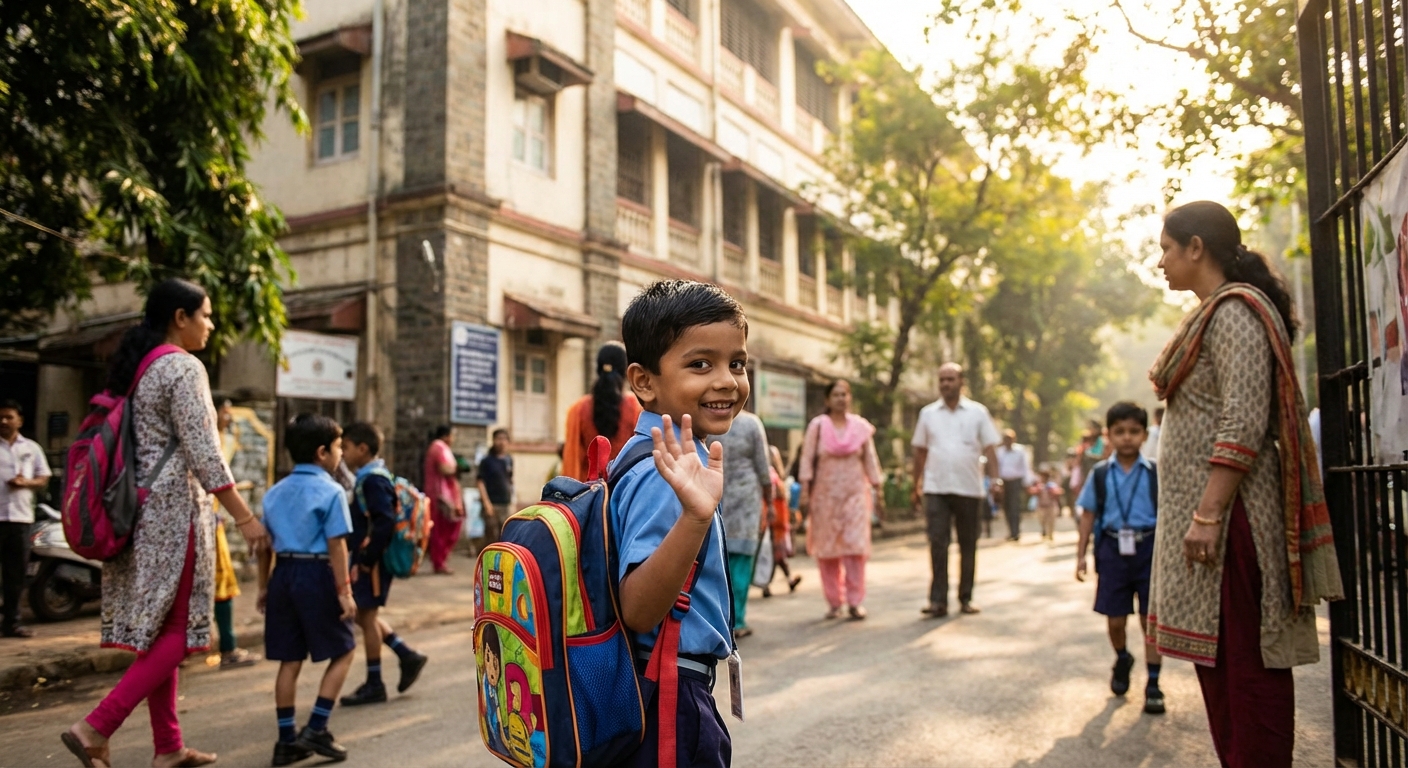 A happy Indian child confidently walking into school with a backpack, waving goodbye to their parent