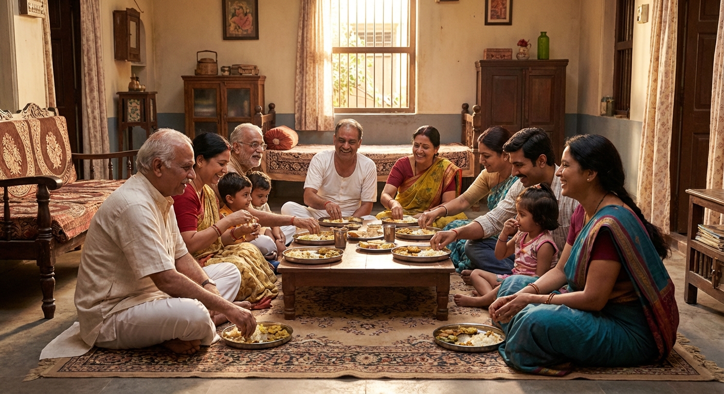 A traditional Indian joint family sharing a meal together with warm expressions