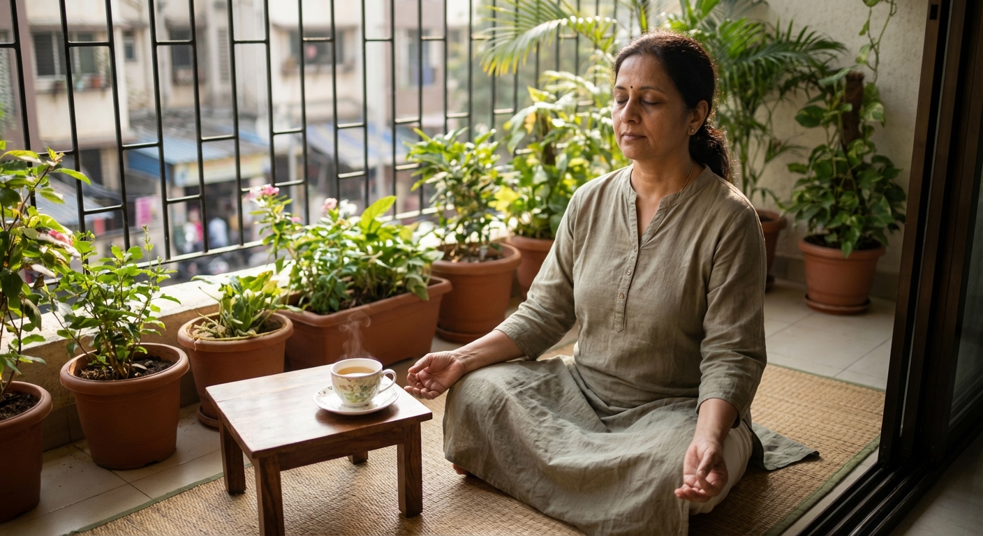 A person practicing self-care and meditation, representing internal boundaries and self-compassion