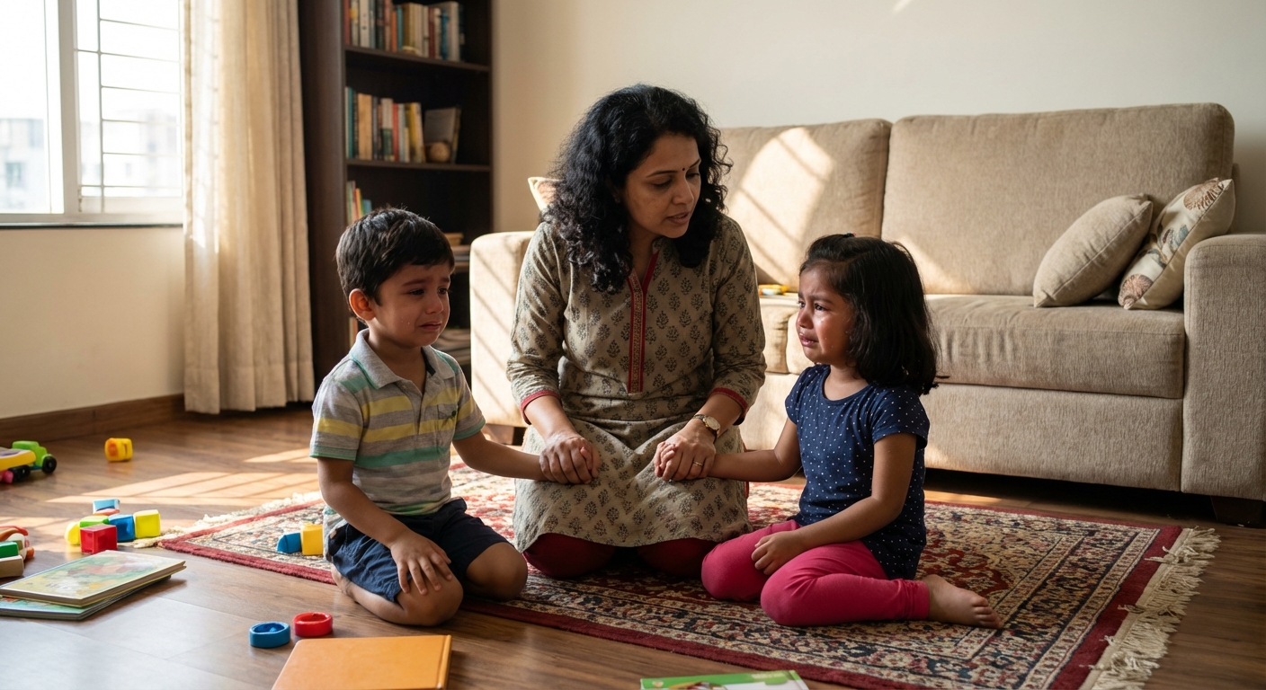 A parent mediating between two children during a conflict