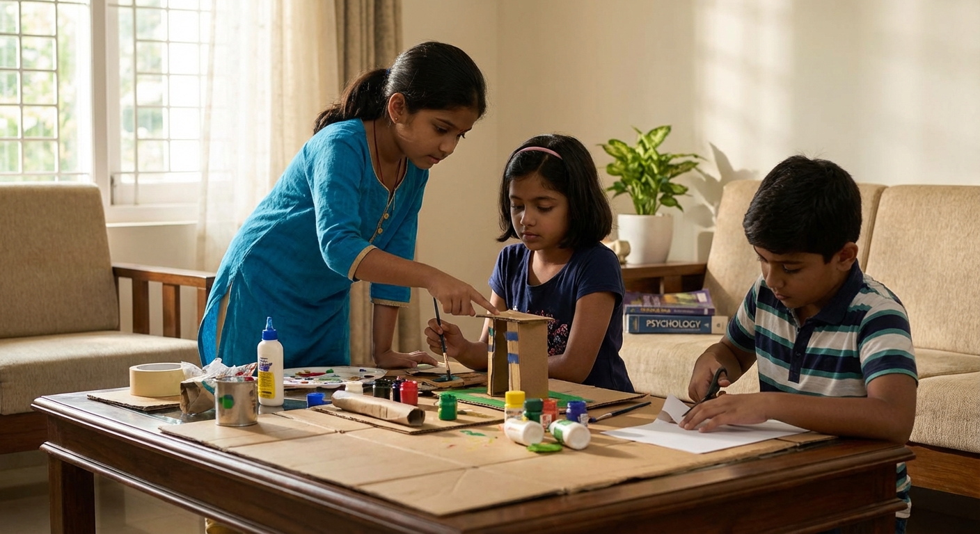 Children working together on a creative project at home