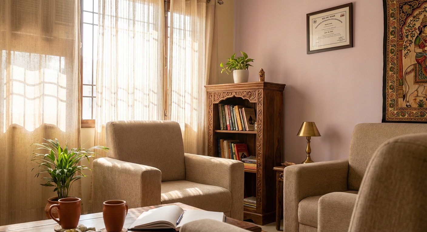 A psychologist's office with warm, welcoming decor