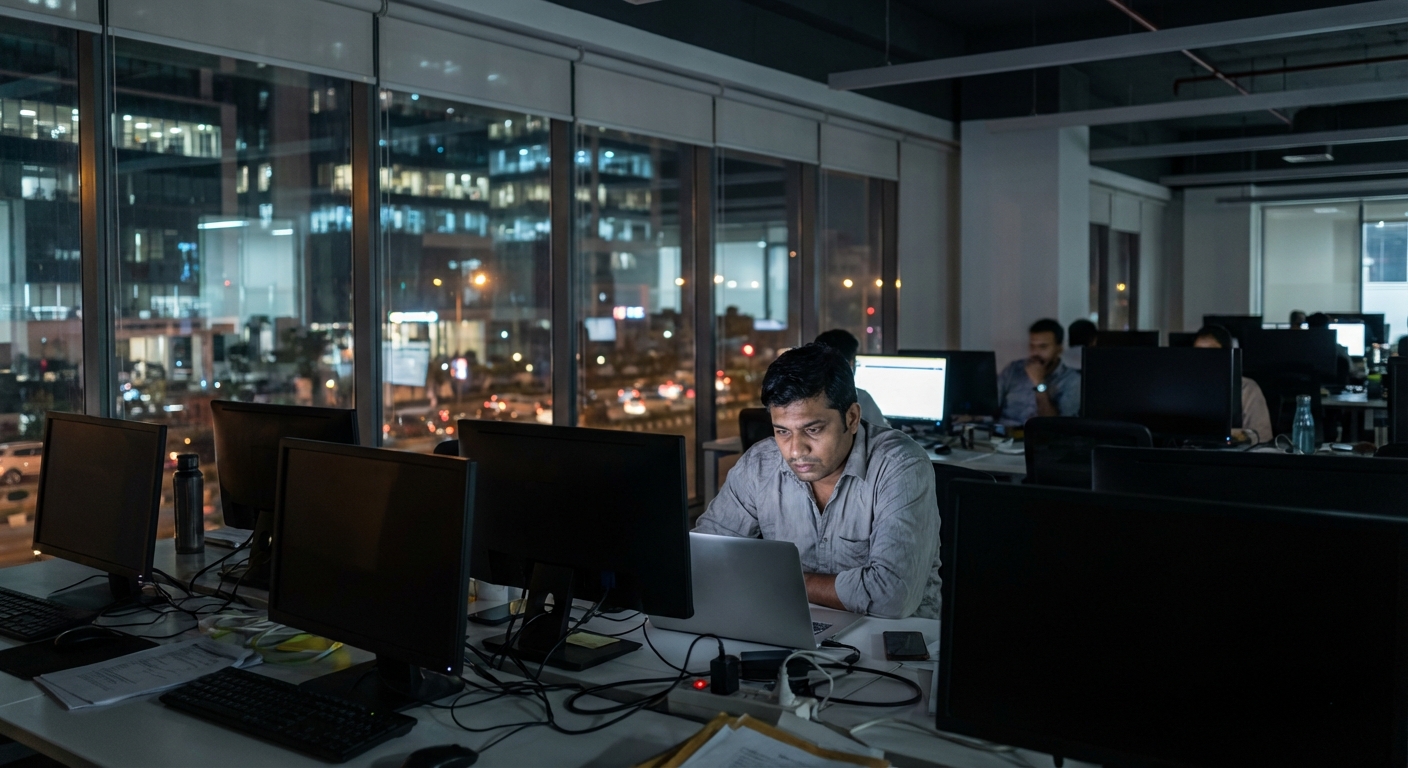 A busy IT professional working late at night in a modern office