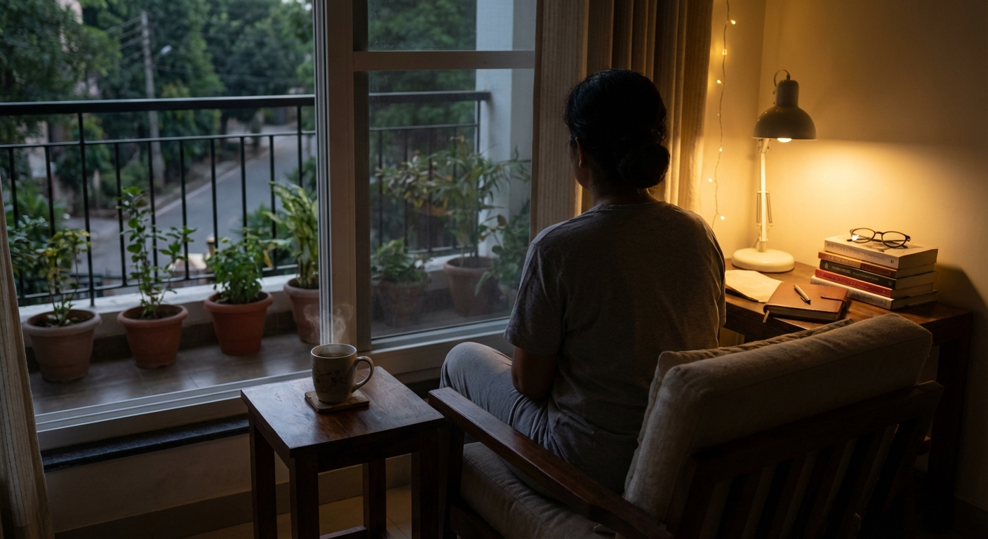 A calming evening routine setup with herbal tea and dim lighting