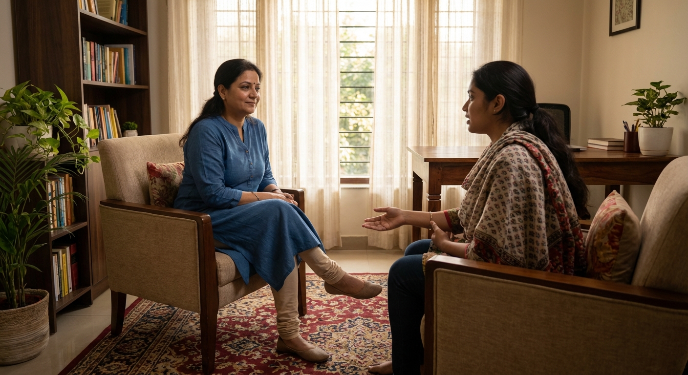 A supportive counseling session in a warm office setting