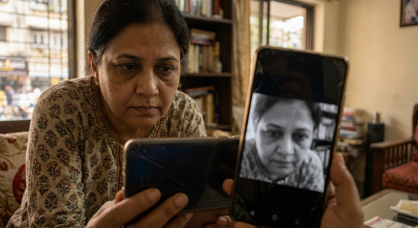 A visual metaphor showing a person looking at their reflection in a phone screen, where the reflection appears distorted and diminished compared to their actual self