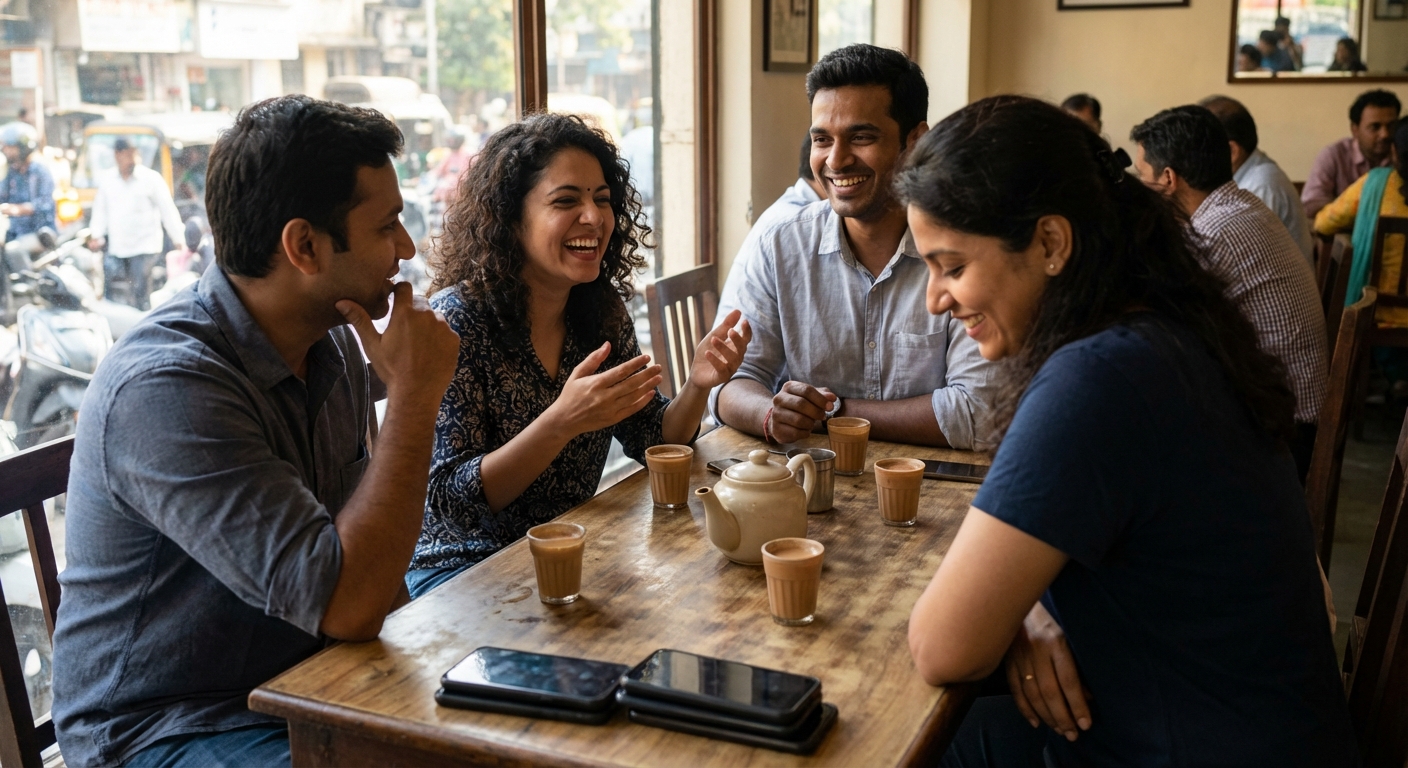 A group of diverse Indian friends having genuine conversation over chai at a small cafe, phones put away, laughing together authentically