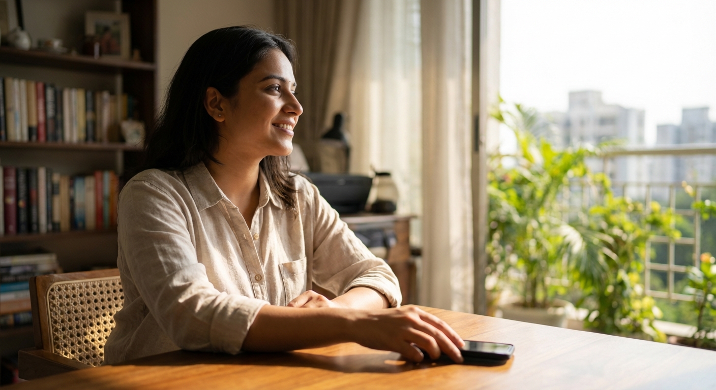 A confident young Indian woman putting down her phone with a peaceful smile, looking out a window at a sunny day, appearing content and self-assured
