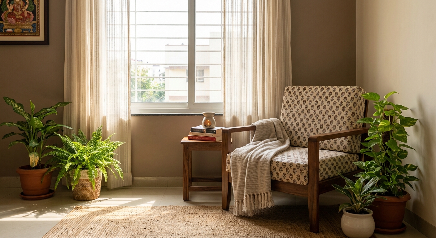 A peaceful corner in an Indian home with comfortable seating, soft lighting, plants, and calming elements