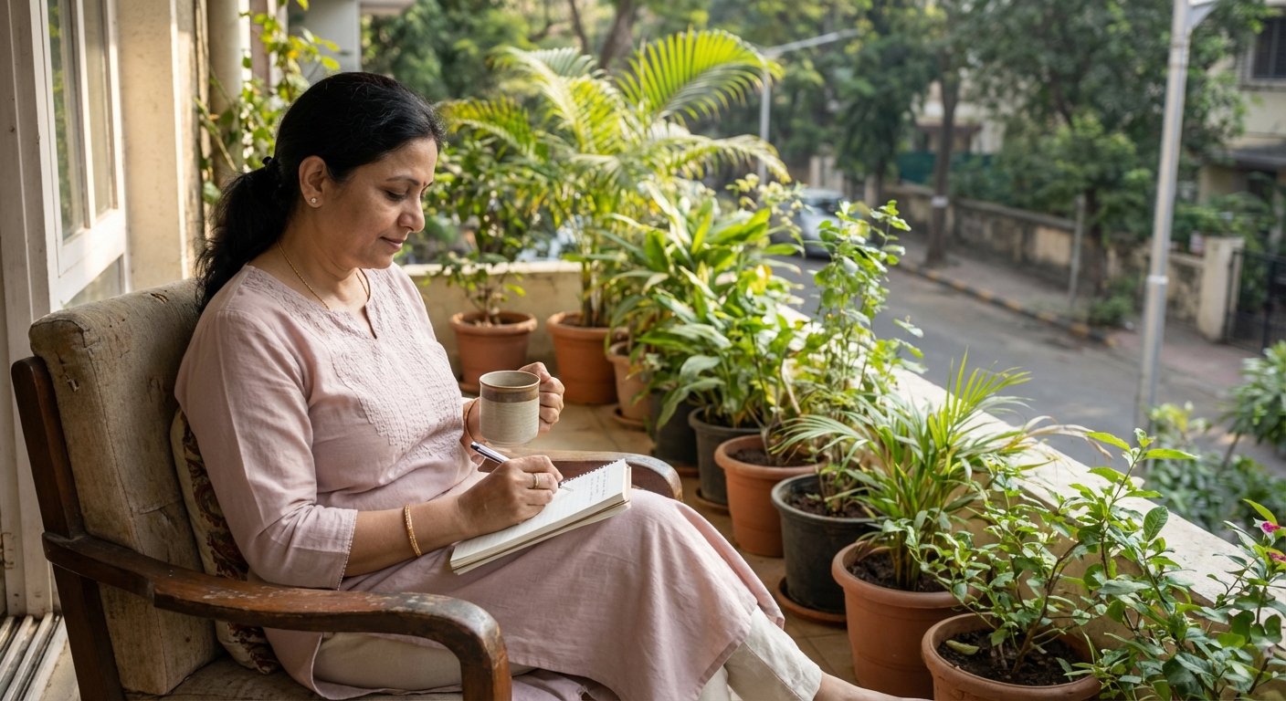 An Indian adult practicing self-care, perhaps meditating or journaling in a quiet moment alone
