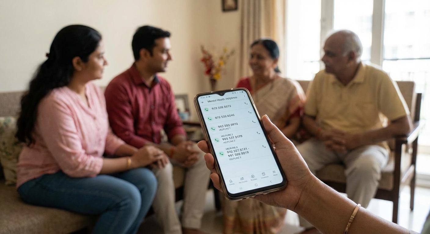 A hand holding a phone displaying mental health helpline numbers, with supportive family members in the background