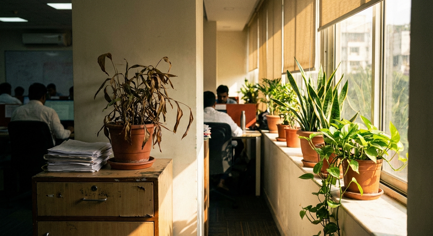 A visual metaphor showing a wilting plant in a dark corner of an office while healthy plants thrive near a window