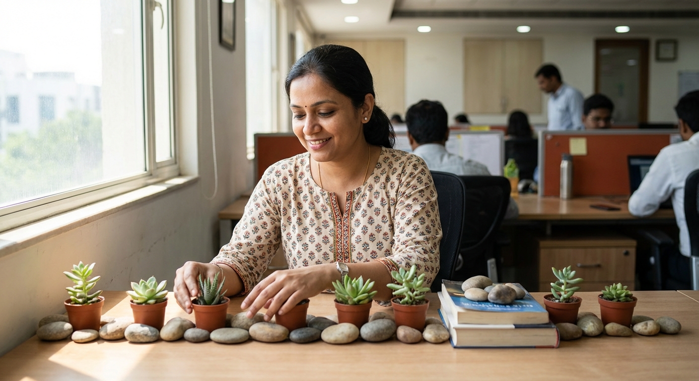 A person creating a protective boundary around their desk space with subtle symbolic elements