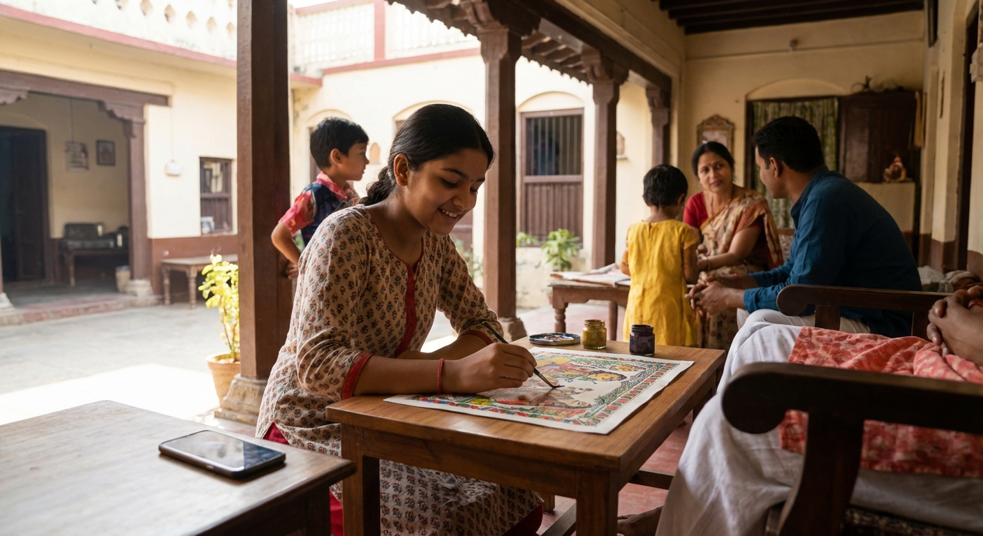 A teenage girl showing signs of recovery from phone addiction, engaging in a cultural activity