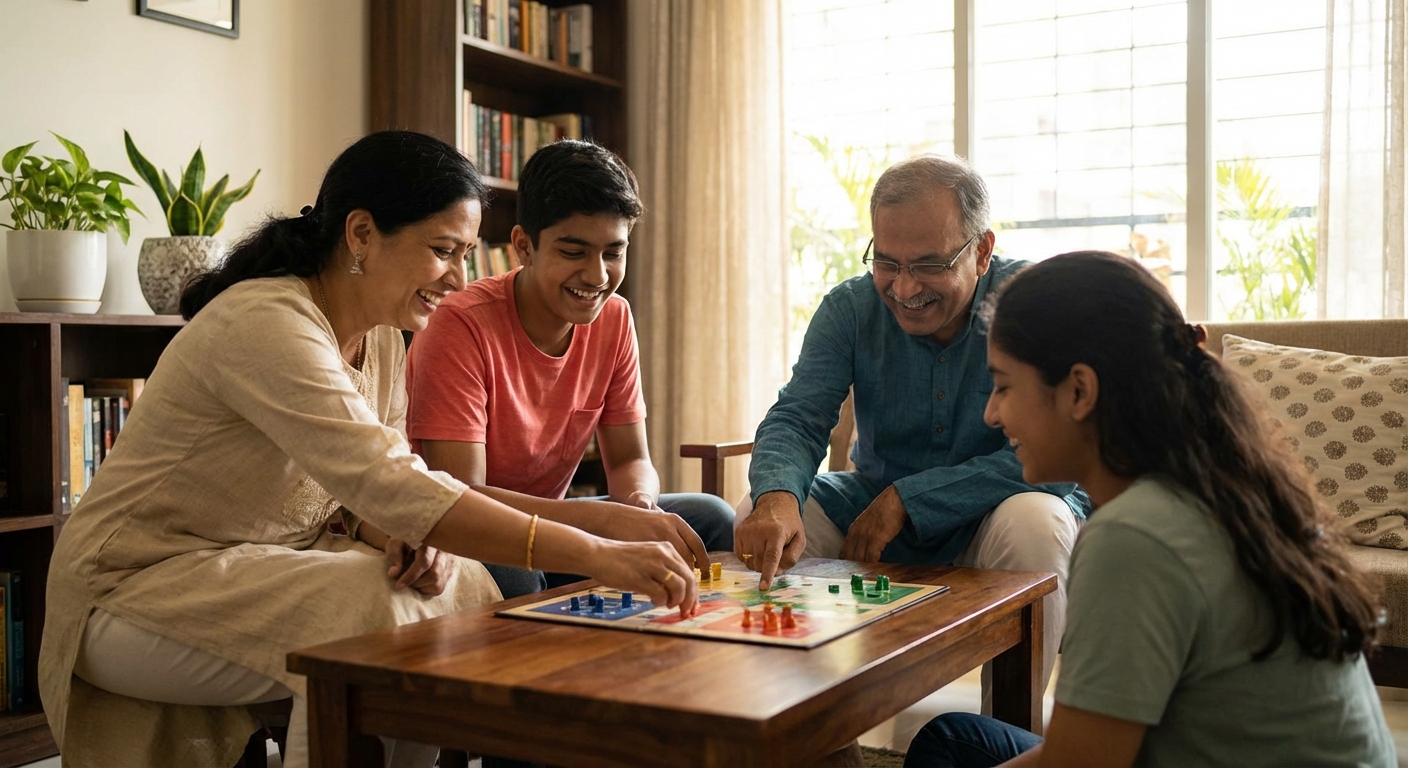 A family engaging in a phone-free activity together