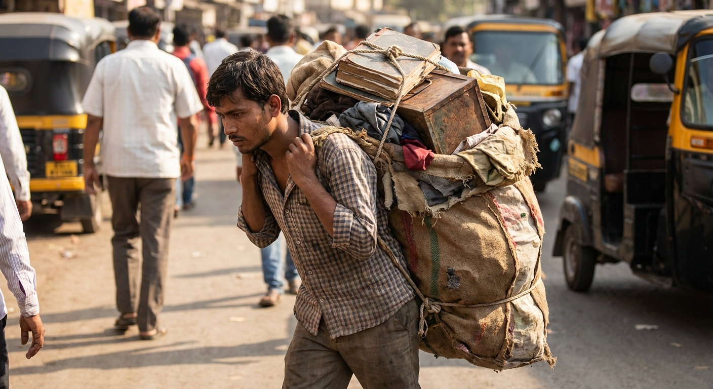 A young person carrying an oversized burden symbolizing emotional weight