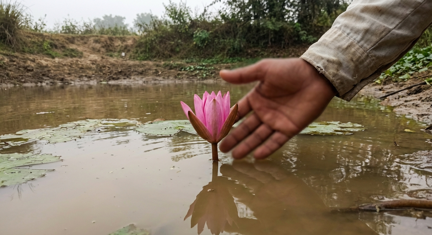 A lotus flower blooming from muddy waters symbolizing growth through adversity