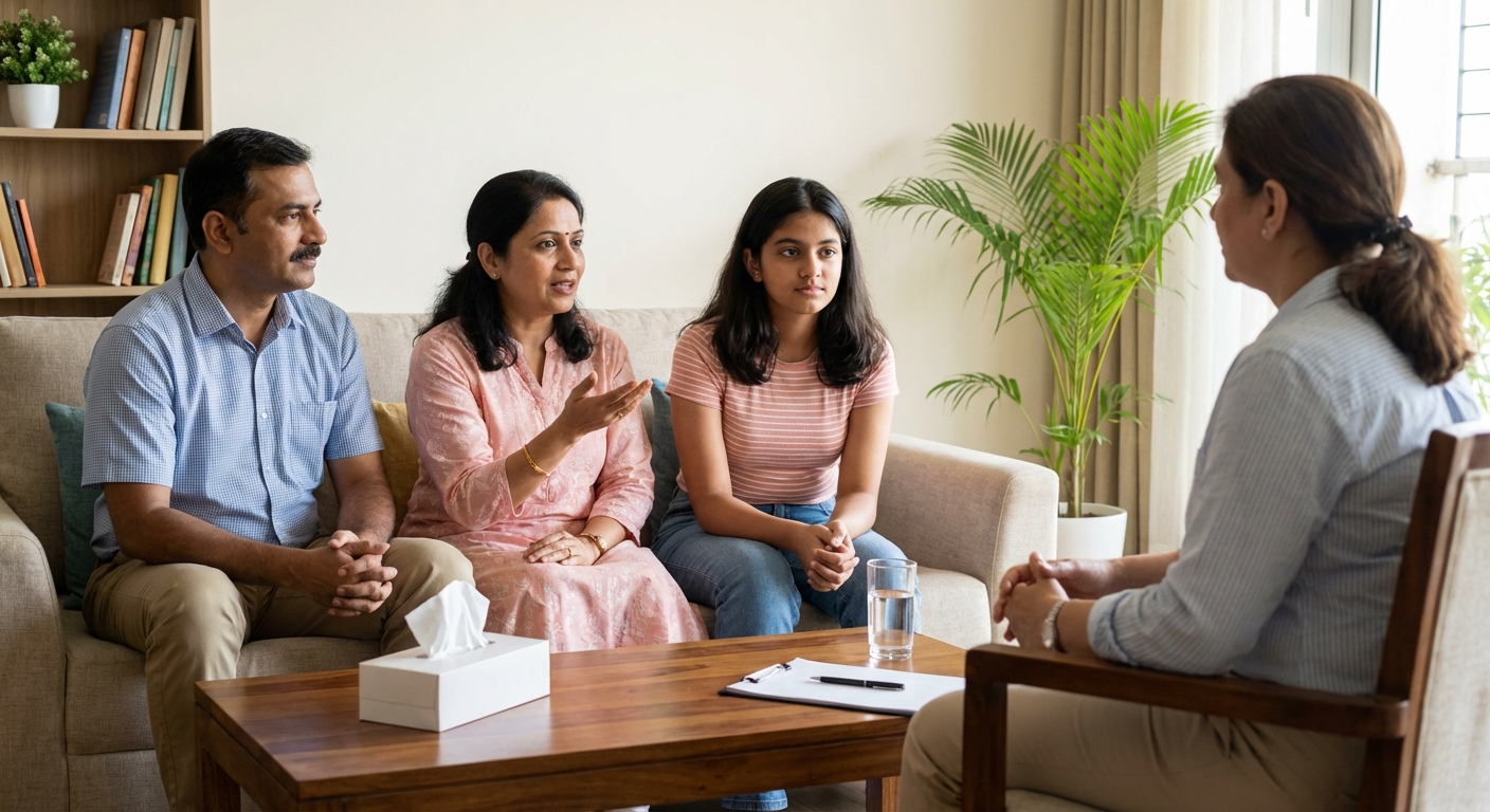 An Indian family having a constructive conversation in therapy