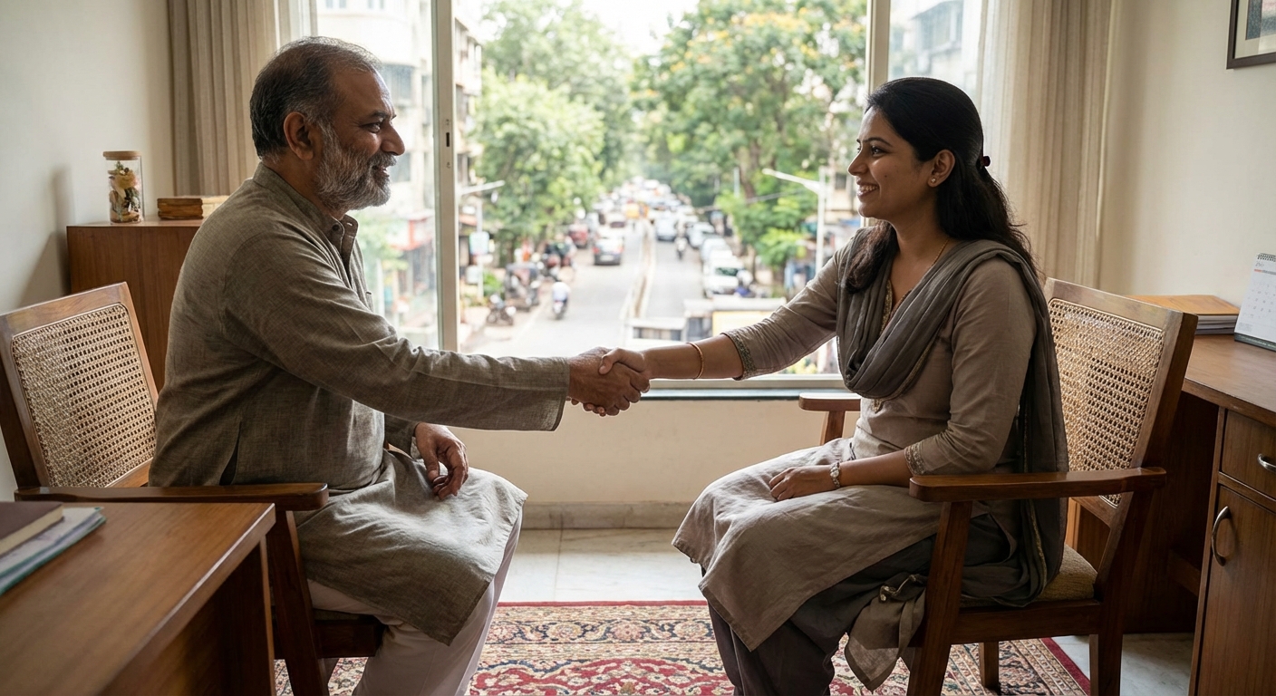 A warm handshake between therapist and client beginning their journey