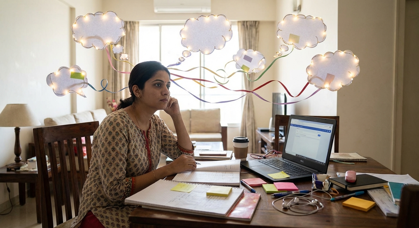 A visual representation of an ADHD brain with multiple thought bubbles and pathways, showing the complexity of neurodivergent thinking