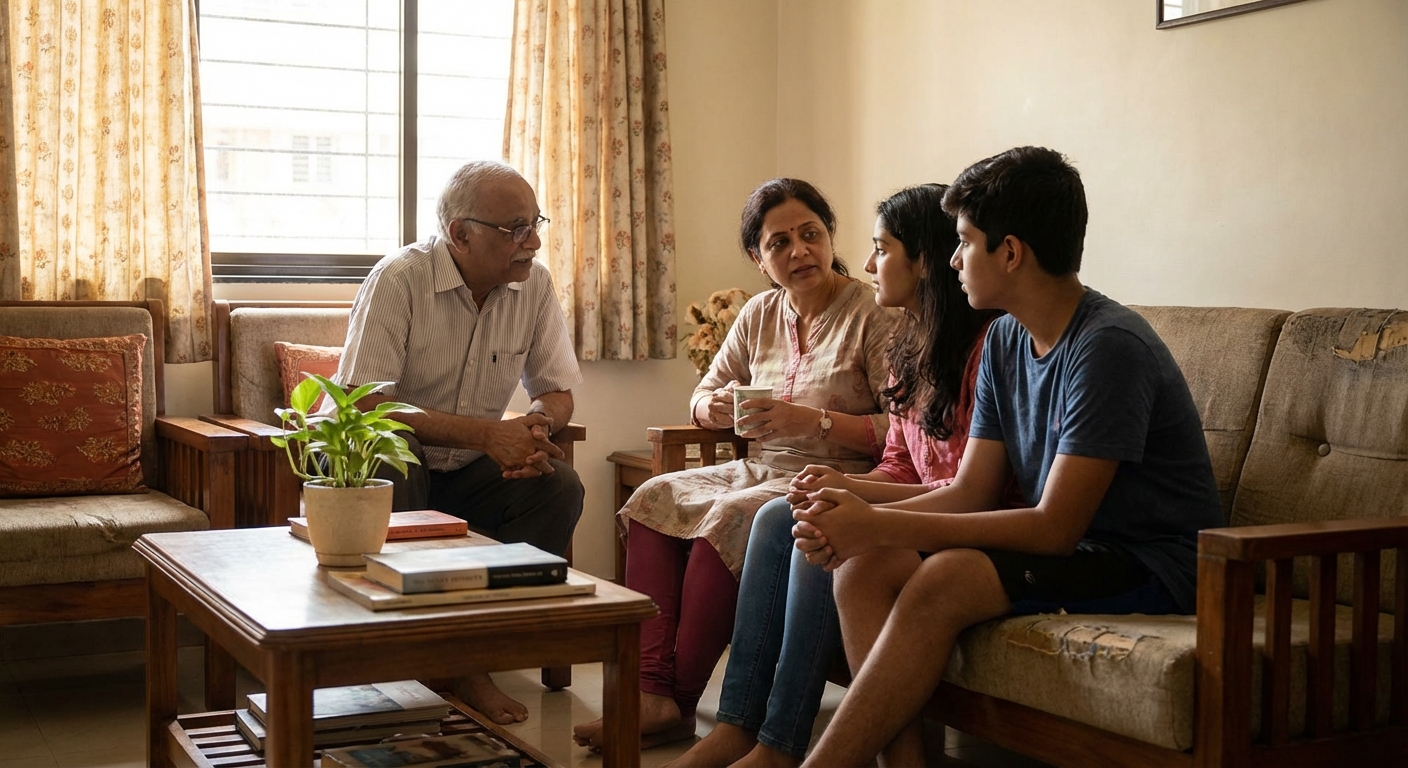 An Indian family having a supportive conversation in a living room setting, representing open dialogue about mental health