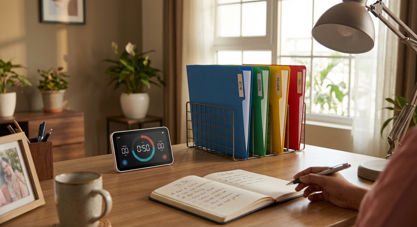 A neatly organized workspace with visual productivity tools like timers, color-coded folders, and a clear to-do list