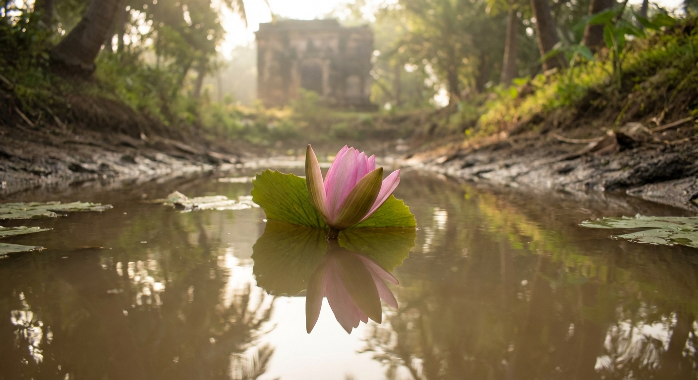 A lotus flower blooming from muddy water, symbolizing growth and strength emerging from challenges