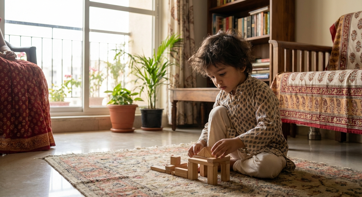 Child engaged in focused solitary play