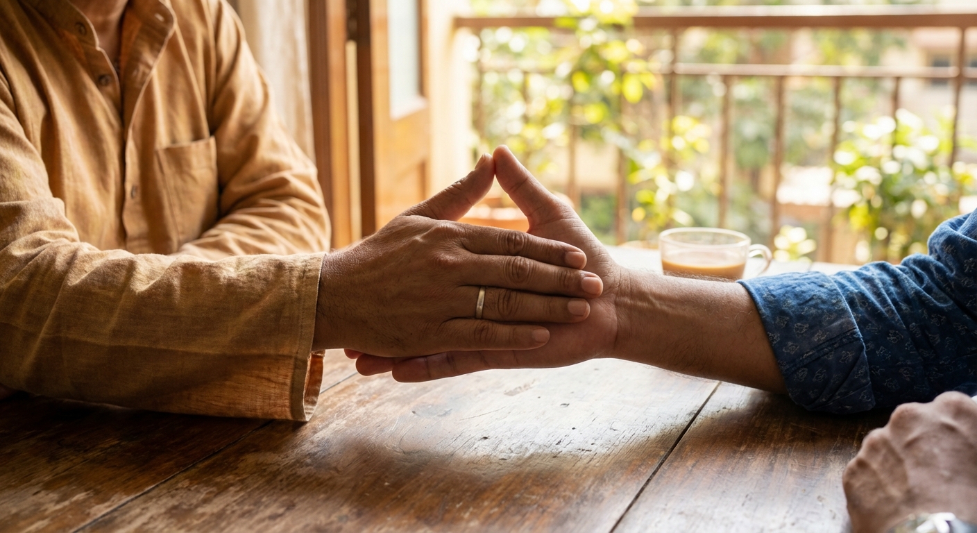 Two hands, one gently pushing back while the other reaches forward, symbolizing boundary setting