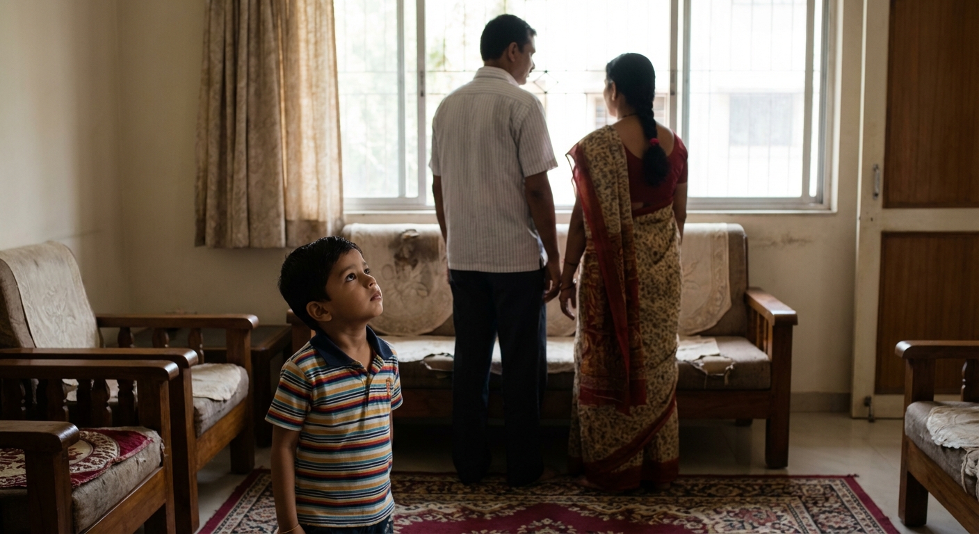 A child looking up at adult figures whose faces are turned away, representing emotional unavailability