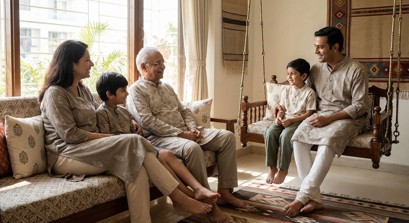 A family across three generations sitting together, with visual elements showing repeated patterns