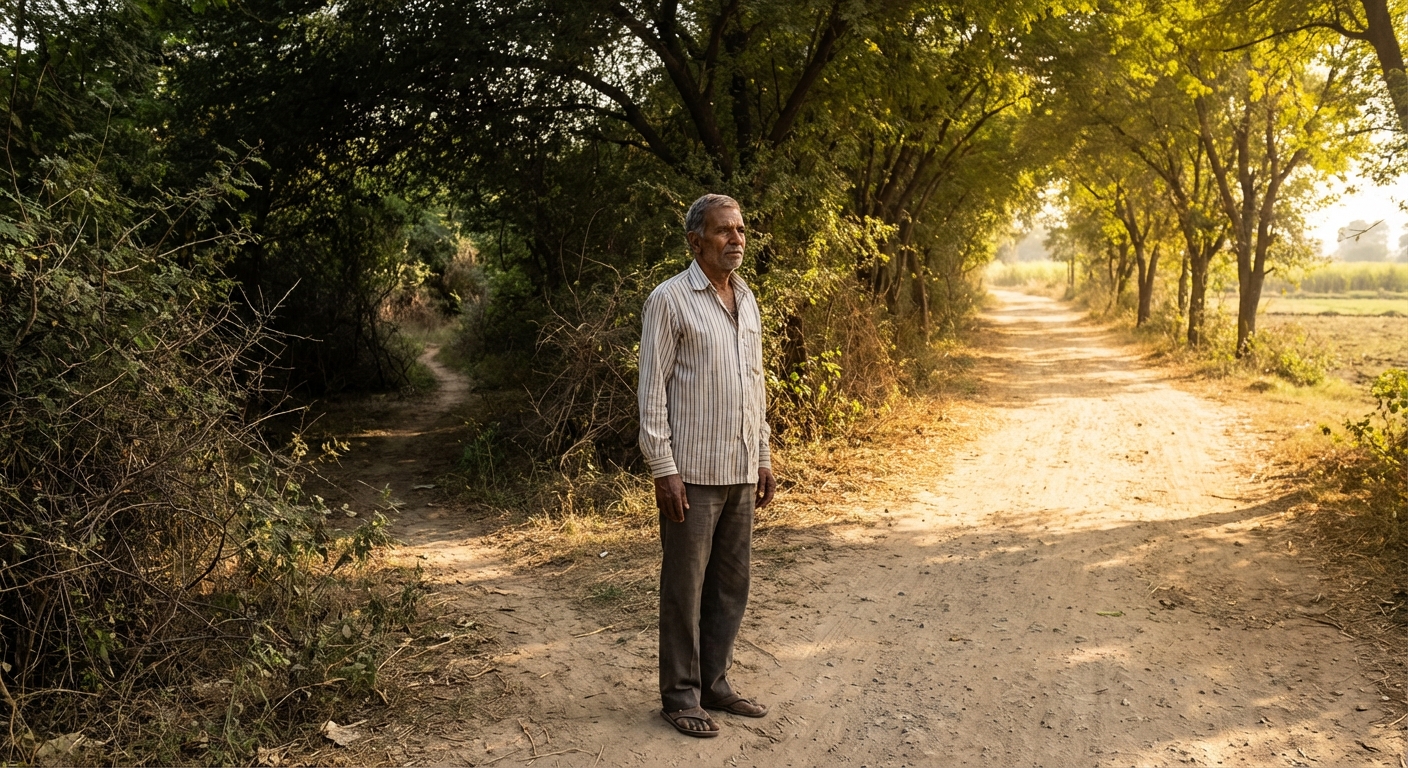 A person standing at a crossroads with one path dark and tangled, the other bright and open