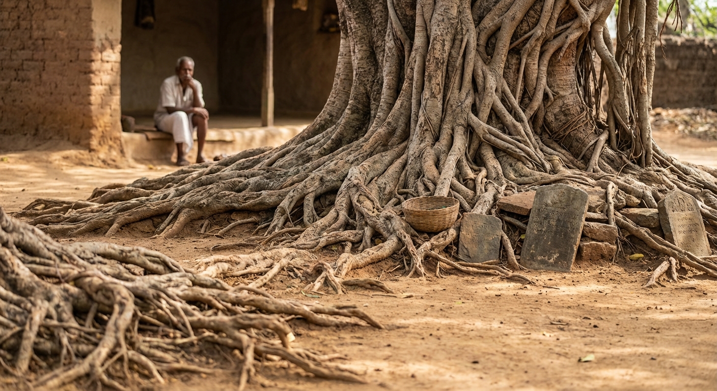 A tree with roots representing various interconnected factors