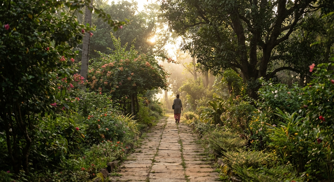 A winding path through a garden leading toward light
