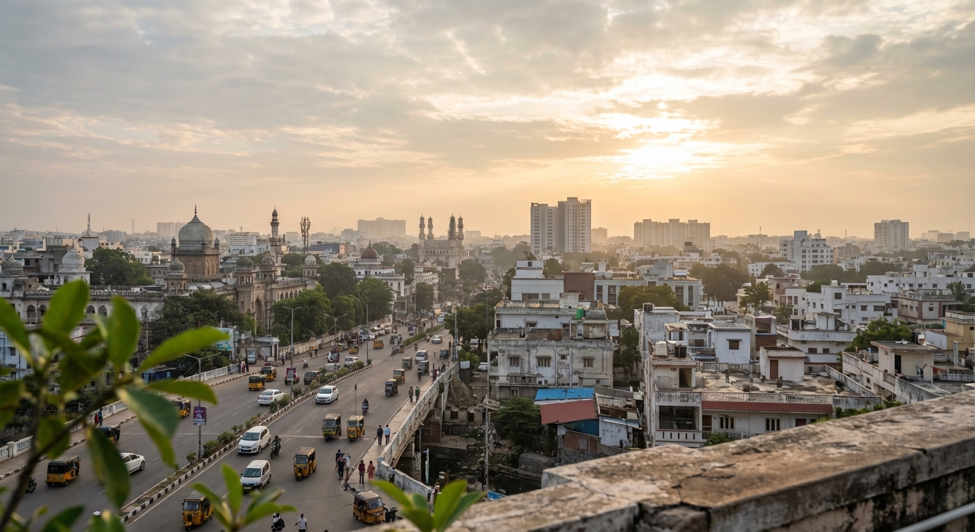A hopeful sunrise over Hyderabad cityscape symbolizing new beginnings