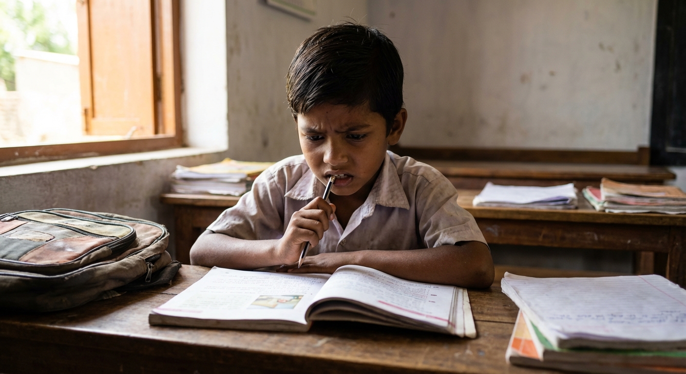 Indian child looking worried while studying at a desk